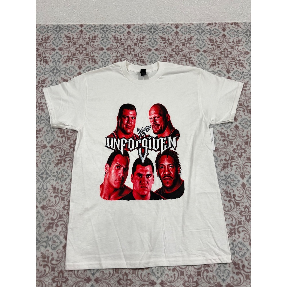 WWE Unforgiven Graphic Tee White Stone Cold The Rock Kurt Angle Booker T Medium
